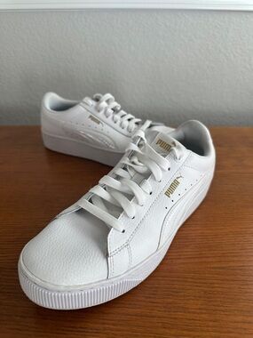 Puma White Leather Platform Sneakers with Gold Logo